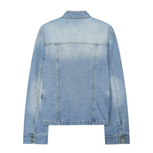 Button up stand collar denim jacket for women