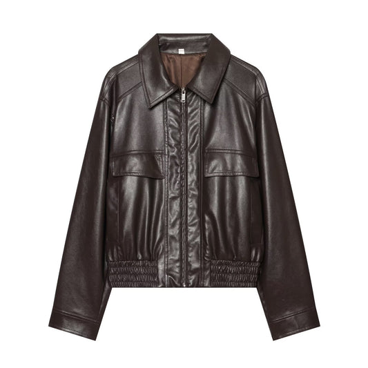Zipper corridor shaped PU imitation leather jacket for women