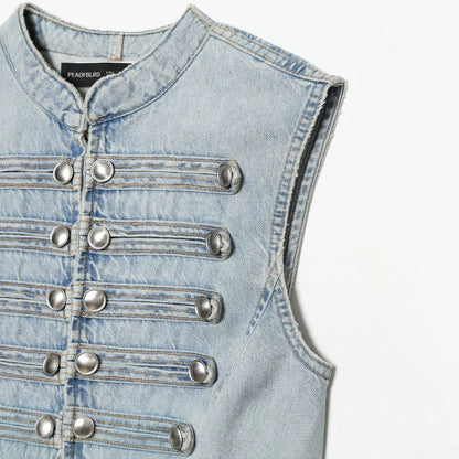 Knot button up stand up collar denim vest for women in vest