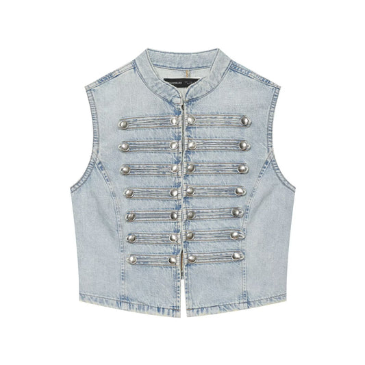 Knot button up stand up collar denim vest for women in vest