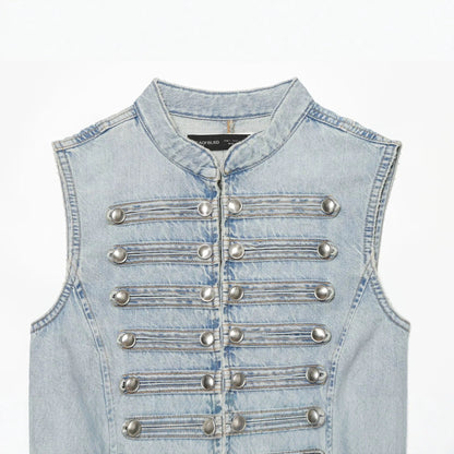 Knot button up stand up collar denim vest for women in vest