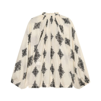 Lace up corridor shaped lantern sleeve printed shirt for women